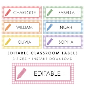 Puede incluir: Un conjunto de etiquetas rectangulares para el aula con un borde de cuadros vichy en varios colores, cada una con un icono de crayón a juego y un nombre impreso en texto negro. Los nombres incluyen Charlotte, Isabella, William, Noah, Olivia y Sophia, además de una etiqueta con el texto EDITABLE.