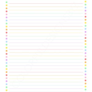 Pode incluir: Uma folha de papel pautado com uma borda de pequenos pontos coloridos. As linhas são em cores pastel e os pontos da borda são amarelos, laranja, verdes e roxos. O papel é branco.