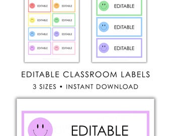 Editable Classroom Labels Happy Face Pastel Rainbow Teacher Student Name Tags