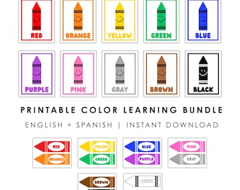 Color Learning Bundle English & Spanish | Printable Color Posters, Flashcards, Coloring Pages, Matching Game | Preschool Pre-K Kindergarten