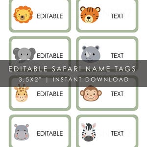 Redigerbara namnetiketter för safaridjur | Namnetiketter för klassrumsbord | PowerPoint-mall | Utskrivbar PDF | Zoo-tema | Etiketter 3,5x2