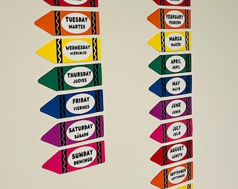 Giorni e mesi in inglese e spagnolo stampabili / Decorazioni per l'aula a tema pastello / Set bilingue di 7 giorni e 12 mesi / Download immediato del PDF