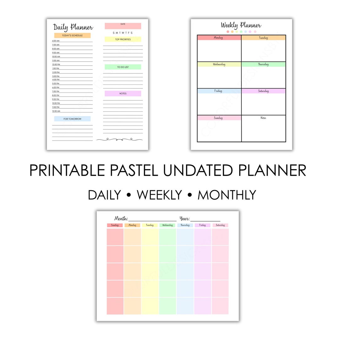 Pastel Undated Printable Planner Bundle | Daily Weekly Monthly - Etsy