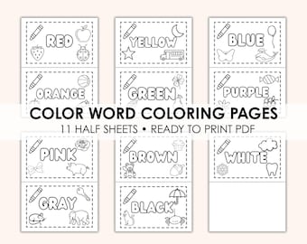 Páginas para colorir para imprimir | 11 folhas coloridas | Atividade de aprendizagem de cores e palavras coloridas | Aprendizagem precoce | Download instantâneo em PDF