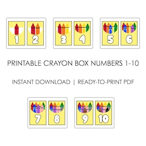 Crayones imprimibles del 1 al 10 / Exhibición preescolar / Aprendizaje temprano / Tarjetas con crayones / Decoración colorida para el aula / Descarga en PDF