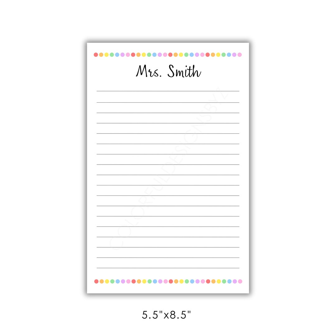Personalized Teacher Notepad, Custom Name Lined Pad, 5.5x8.5 Stationery ...
