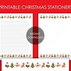 May include: Printable Christmas stationery with a red background. The stationery includes lined and blank pages, each decorated with a festive border of Santa, snowmen, reindeer, and Christmas trees. The text "Printable Christmas Stationery" is at the top.