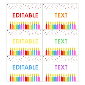 May include: Printable birthday party favor tags with colorful candles and confetti. The tags have the text "Editable Text" and "Editable" on them.