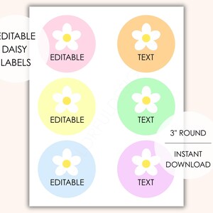 May include: Sheet of daisy-themed labels in pastel colours, each with a white daisy and the word "EDITABLE" or "TEXT". The labels are 7.6 cm round and available for instant download.
