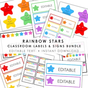 May include: A digital bundle of classroom labels and signs featuring rainbow-coloured stars with smiling faces and the word EDITABLE printed on various rectangular and star-shaped templates. The collection includes multiple sheets with colourful borders.