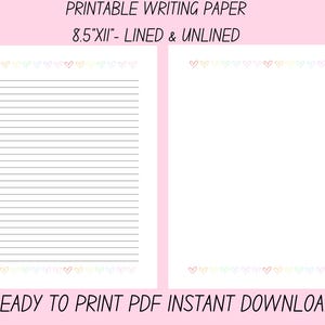 Papel para escribir cartas digitales, imprimible, con líneas y en blanco, con borde de corazón pastel, descarga instantánea, PDF de 8,5 x 11 pulgadas