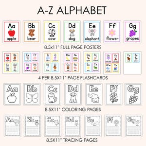 May include: A collection of educational alphabet materials including 8.5x11 inch full-page posters, 4-per-page flashcards, coloring pages, and tracing pages, all featuring letters A-Z with corresponding illustrations and text labels.