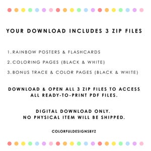 May include: A digital download information sheet with a border of colorful dots. The text reads: YOUR DOWNLOAD INCLUDES 3 ZIP FILES. 1. RAINBOW POSTERS & FLASHCARDS. 2. COLORING PAGES (BLACK & WHITE). 3. BONUS TRACE & COLOR PAGES (BLACK & WHITE).