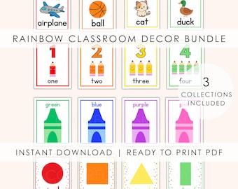 Rainbow Classroom Decor Bundle | Alphabet, Numbers, Colors, Shapes, Editable Labels + Signs | Preschool Pre-K Kindergarten Printable