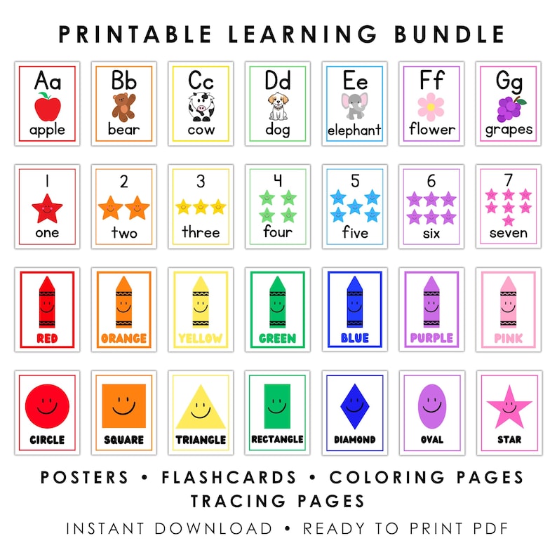 May include: A printable learning bundle featuring four rows of educational cards. The rows display the alphabet with illustrations, numbers with star counts, colored crayons with labels, and various shapes with smiling faces.