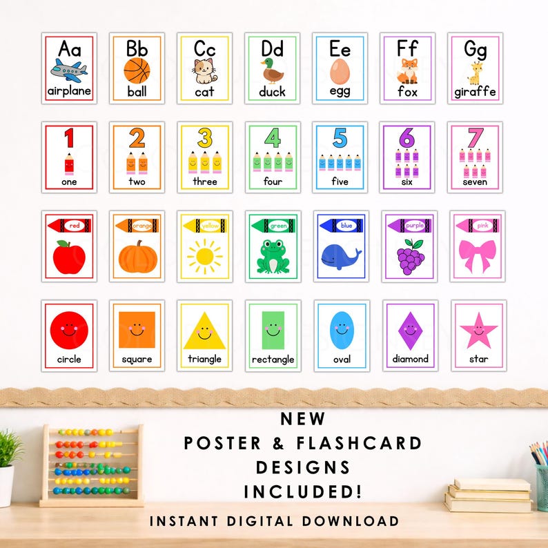 May include: A wall poster featuring educational charts with the alphabet from A to G, numbers one through seven, colors, and shapes. Each card includes a corresponding illustration and text label. The text reads NEW POSTER & FLASHCARD DESIGNS INCLUDED! INSTANT DIGITAL DOWNLOAD.