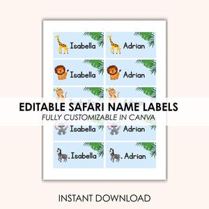 Editable Safari Animal Name Labels - Fully Customizable Canva Template - Instant Download