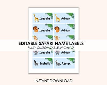 Etiquetas editables para nombres de animales de safari - Plantilla de Canva totalmente personalizable - Descarga instantánea