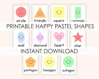 Smiley Face Shapes Posters & Flashcards for Kids – Pastel Classroom Decor – Full Page 8.5x11 + Matching Flashcards – Preschool, Kindergarten