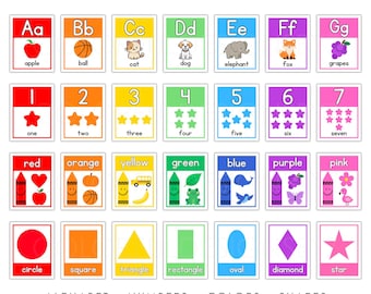May include: A set of educational preschool posters titled RAINBOW PRESCHOOL POSTERS. The grid displays the alphabet, numbers one through seven, various colors with corresponding objects, and shapes with labels. Text includes ALPHABET, NUMBERS, COLORS, SHAPES, INSTANT DOWNLOAD, READY TO PRINT PDF.