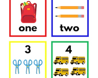 Numbers Flaschards 1-10 Printable For Toddlers And Preschoolers | Back To School Theme Flashcards | 10 Flashcards | PDF Instant Download