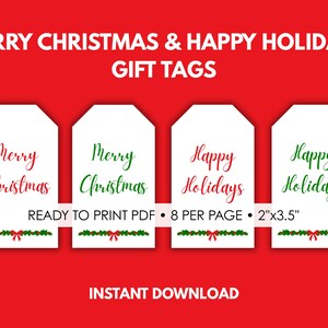 Etiquettes pour cadeaux de Noël imprimables | Mots-clés Joyeux Noël et joyeuses fêtes | À/De Inclus | 2 x 3,5 étiquettes | PDF de 4 pages | Téléchargement instantané