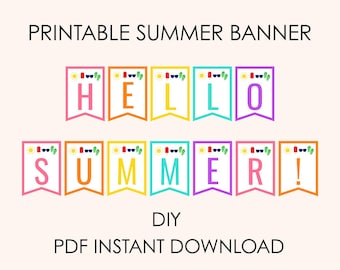 Banner imprimible de "Hola Verano" (8,5 x 11 PDF), banderas de 5 x 7 pulgadas, listo para imprimir, decoración para fiesta de verano, descarga instantánea, brillante y colorido.