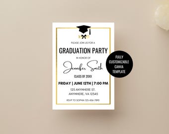 Graduation Party Invitation + Congrats Grad Banner | Canva Template + Printable PDF | Black & Gold Graduation Party Decor | Class of 202X