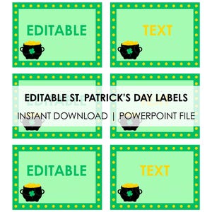 Bewerkbare St. Patrick's Day-labels | Sjabloon groene klaslabels | Afdrukbare naamkaartjes | Pot met goud-thema | PowerPoint direct downloaden