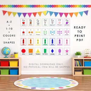 May include: Educational wall art set featuring A-Z alphabet cards with illustrations, numbers 1-7 with star counts, color-coded crayons, and basic shapes. The text includes A-Z, 1-10, COLORS, SHAPES, READY TO PRINT PDF, and DIGITAL DOWNLOAD ONLY.