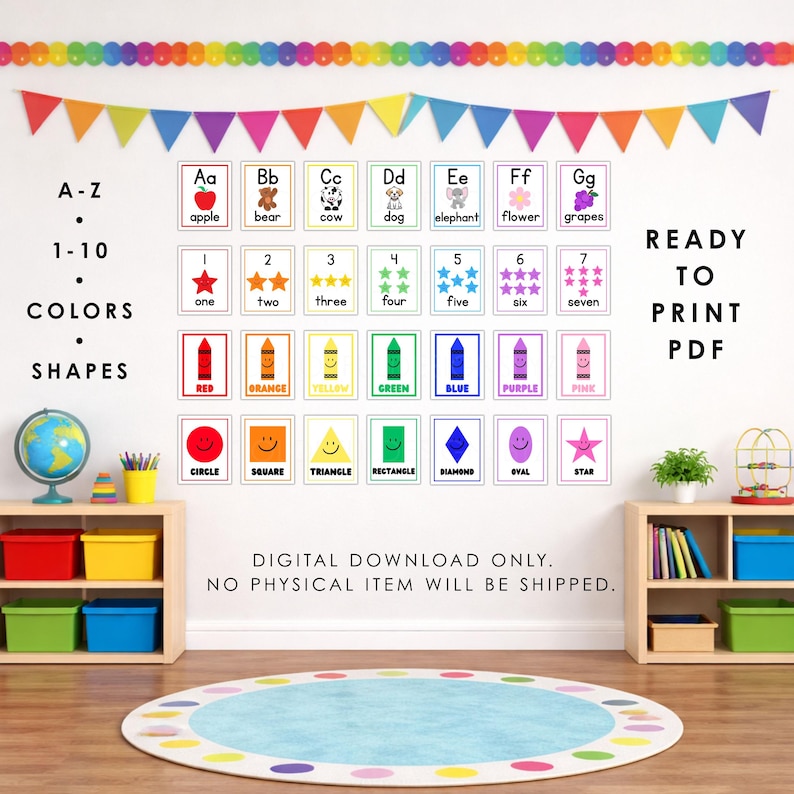 May include: Educational wall art set featuring A-Z alphabet cards with illustrations, numbers 1-7 with star counts, color-coded crayons, and basic shapes. The text includes A-Z, 1-10, COLORS, SHAPES, READY TO PRINT PDF, and DIGITAL DOWNLOAD ONLY.