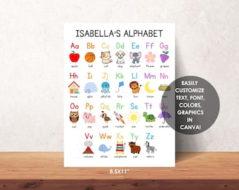 Cartaz do alfabeto para crianças | Gráfico ABC para impressão | Modelo editável do Canva | Aprendizagem pré-escolar e escolar em casa | PDF de 8,5&quot; x 11&quot; Download instantâneo