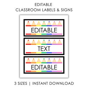 Etiquetas de sala de aula editáveis com lápis de cor | Organização para professores | Etiquetas de identificação | 3 tamanhos | Download instantâneo em PowerPoint