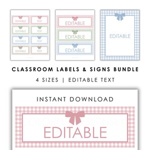 Könnte beinhalten: Ein digitales Set aus Klassenzimmer-Etiketten und Schildern mit Vichy-Karo-Rändern in Rosa, Grün, Blau und Braun sowie Schleifen-Akzenten. Die Designs enthalten den Text EDITABLE und TEXT, mit einem großen rosa Schild unten mit dem Wort EDITABLE.