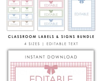 Editable Gingham Bow Classroom Labels & Signs | Muted Pastel Name Tags | PowerPoint + PDF | 6 Colors | Printable Classroom Decor