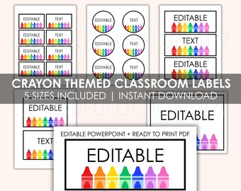Editable Rainbow Crayon Name Labels – Crayon Classroom Labels + Signs Bundle – 5 Sizes | Editable PowerPoint + PDF | Free Bonus Calendar