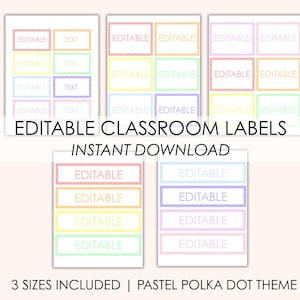 Editable Pastel Polka Dot Classroom Labels – 3 Sizes – Name Tags, Desk Plates, Bin Labels – PDF + PowerPoint – Teacher Printable