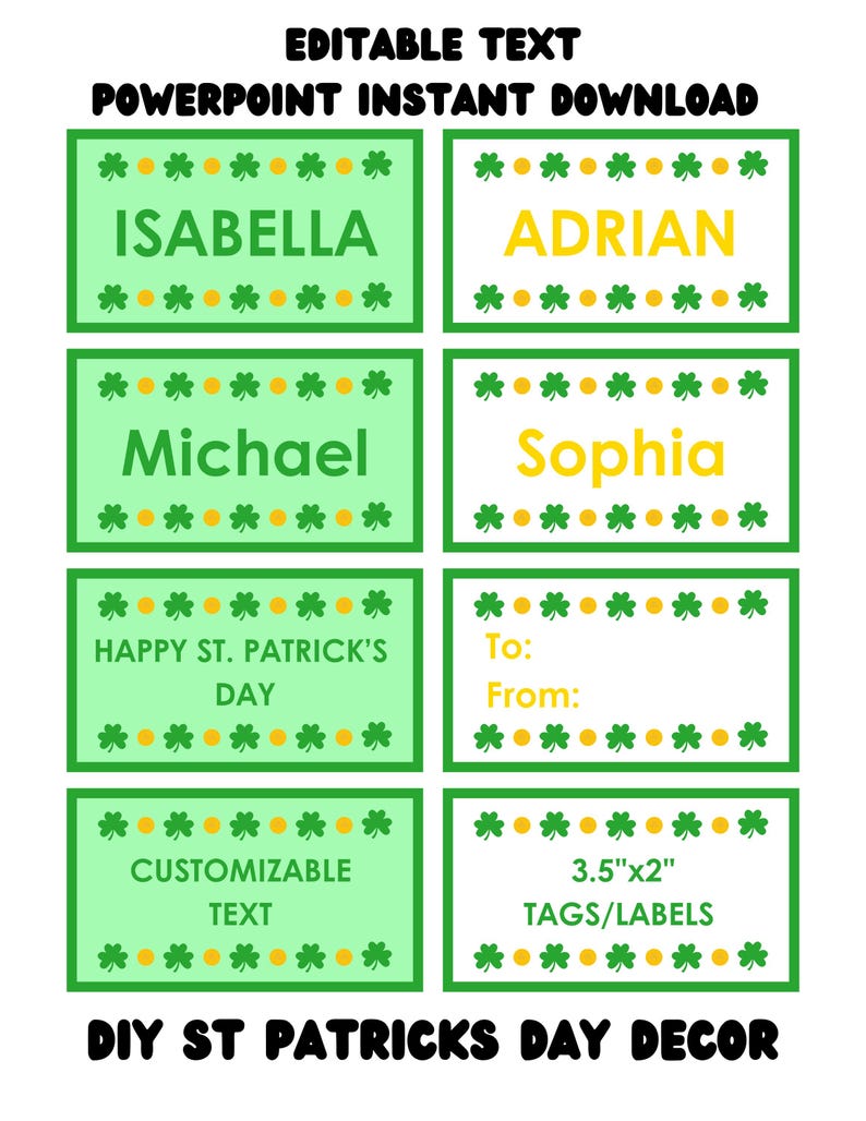 Editable St. Patrick’s Day Labels, Printable Name Tags, Green Shamrock ...