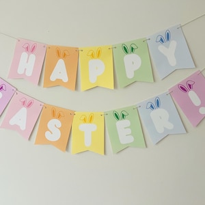 Bandera de Pascua en tonos pastel - Bandera con letras y orejas de conejo - Imprimible para fiesta de Pascua - Banderín de Feliz Pascua - Descarga instantánea - Banderín de 13 x 16,5 cm