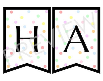 Banner de feliz cumpleaños imprimible / Banner de fiesta de lunares pastel / Banderas de letras, números y sufijos de la A a la Z / Descarga PDF lista para imprimir