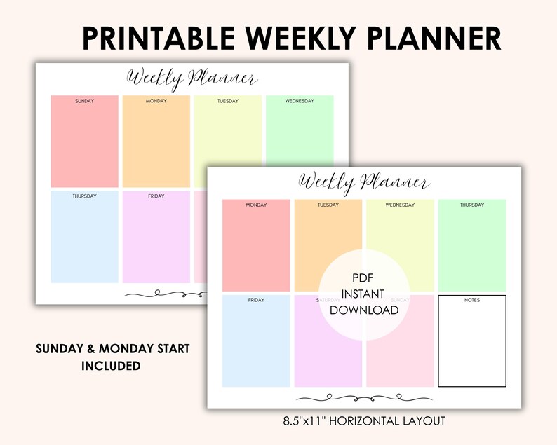 Weekly Planner Printable PDF – Pastel Rainbow Layout – Monday and ...