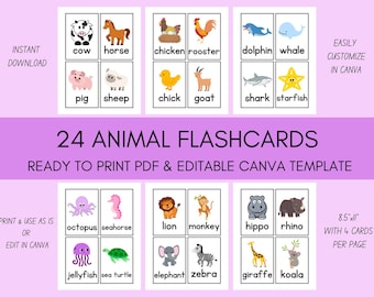 Animal Flashcards for Kids | 24 Printable Animal Cards | Editable Canva Template | Farm, Wild, Sea Animals | Preschool, Homeschool Learning