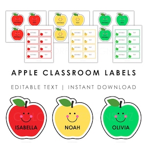 Op de afbeelding: Een set printbare klaslokaallabels met rode, gele en groene appelvormen met lachende gezichtjes. De collectie bevat vellen met ronde appelstickers en rechthoekige labels met bewerkbare tekstvelden, plus drie grote appeluitsparingen.
