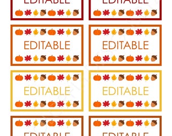 May include: A sheet of eight rectangular labels with borders in varying shades of red, orange, and yellow. Each label features the word EDITABLE in the center, surrounded by a repeating pattern of orange pumpkins, red maple leaves, and brown acorns.
