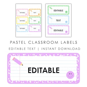 Op de afbeelding: Een set rechthoekige klaslokaallabels met pastelkleurige randen, achtergronden van gelinieerd papier en een klein potloodpictogram. Elk label bevat een smiley en de tekst EDITABLE of TEXT. Het ontwerp maakt gebruik van zachte roze, oranje en blauwe tinten.