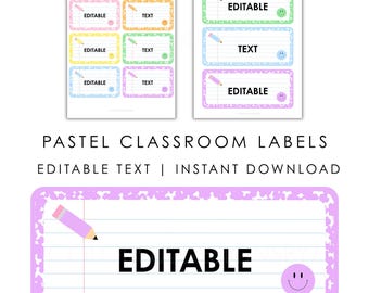 Editable Pastel Classroom Labels | Composition Notebook Name Tags | Teacher Bin Labels | PowerPoint Template | Printable PDF | Cubby Labels