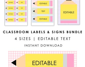 Editable Pencil Classroom Labels | Gingham Name Tags | Teacher Bin & Cubby Labels | Printable Pastel Classroom Decor | PowerPoint + PDF