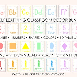 Puede incluir: Un conjunto de carteles educativos en colores pastel con el alfabeto, números, formas y colores. Cada tarjeta tiene un borde blanco y confeti colorido. El texto incluye "Early Learning Classroom Decor Bundle" y "Instant Download."
