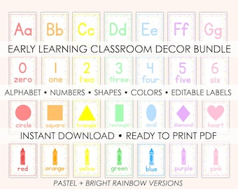 Pastel Classroom Decor Bundle | Printable Alphabet Numbers Colors Shapes Posters + Editable Labels | PDF + PowerPoint | Preschool Wall Art