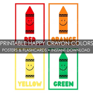 May include: Four rectangular cards featuring cartoon crayons with smiling faces. The top left is red, top right is orange, bottom left is yellow, and bottom right is green. Each card displays the corresponding color name in bold text.